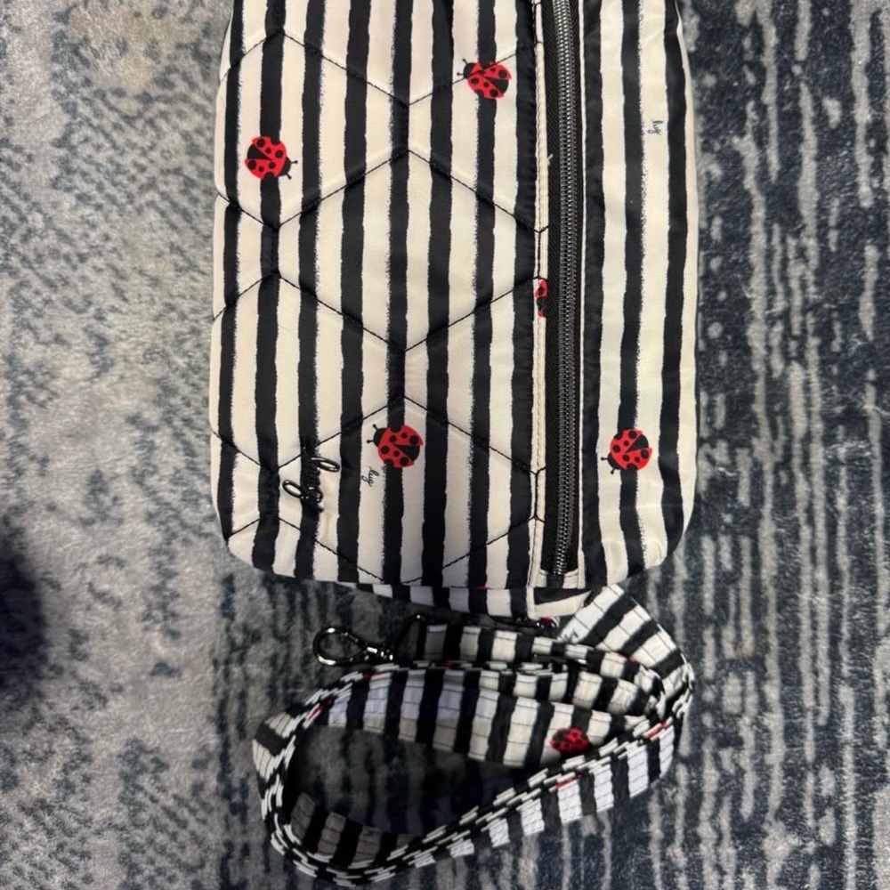Lug Black and White Striped Crossbody Bag with Red Accents